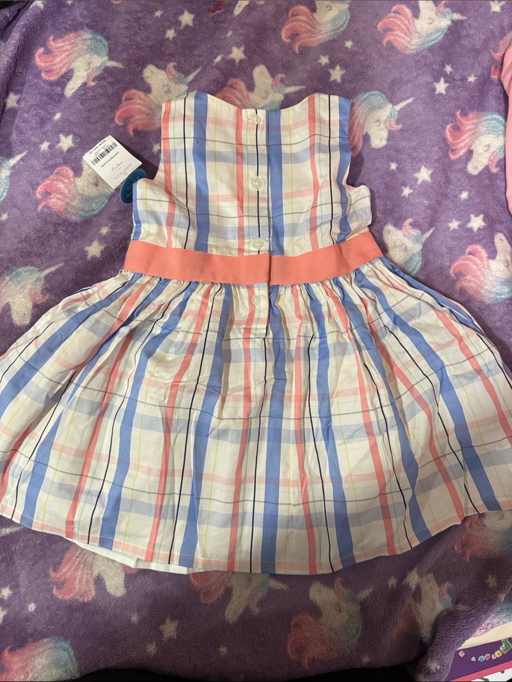 Girls' Plaid Cotton Dress with Coral Waist - Brand: (not visible) - Picture 2 of 3